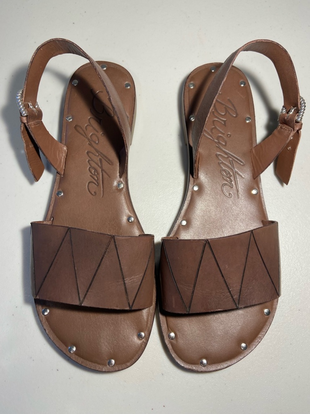 Brighton Tan Brown Leather Geometric Strap Slingback Sandals